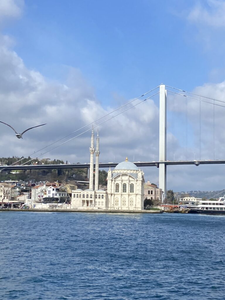 La moschea di Ortaköy sul Bosforo, con il ponte alle spalle e i gabbiani in volo